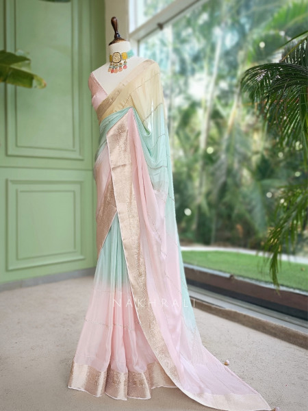Mridurekha Pastel Pink Chinnon Saree with Running Blouse