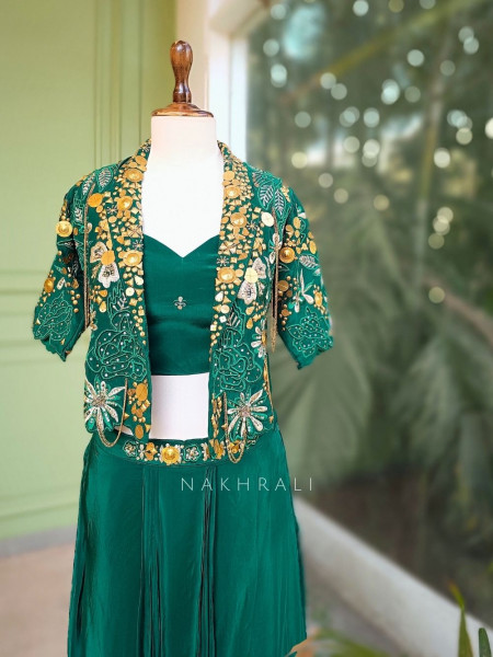 Elysia Green Sequin & Mirror Work Indo-Western Set with Embellished Jacket