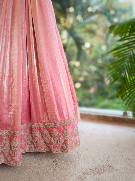 Elysia Peach Tissue Silk Lehenga Set with Embroidered Detailing