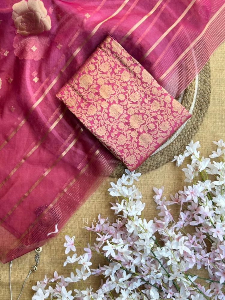 Image of Reshmi Maheshwari Pink Dress Material with Zari Stripe Dupatta