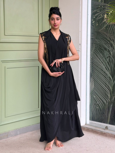 Zyren Black Draped Dress with Jacket-Style Embellished Front