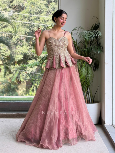 Bespoke Bloom Onion Pink Crushed Shimmer Tissue Fusion Lehenga