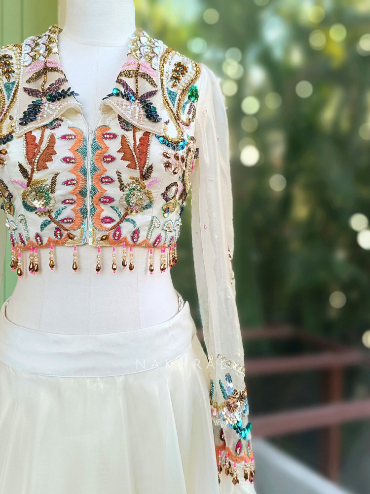 Image of Aveline Ivory Indo Western Lehenga with Multicolor Thread, Sequin and Bead Embroidery