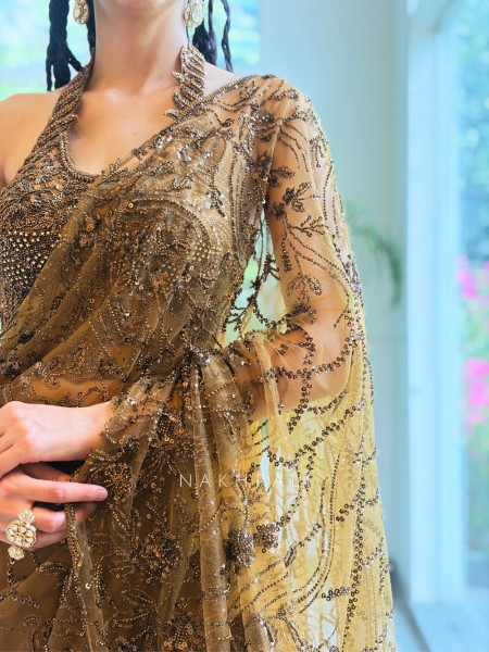 Amber Gleam Net Drape Saree with Sequin and Cut Dana Work