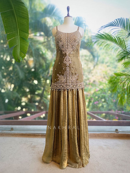 Torin Brown Silk Palazzo Suit Set with Mirror Embroidered Kurti