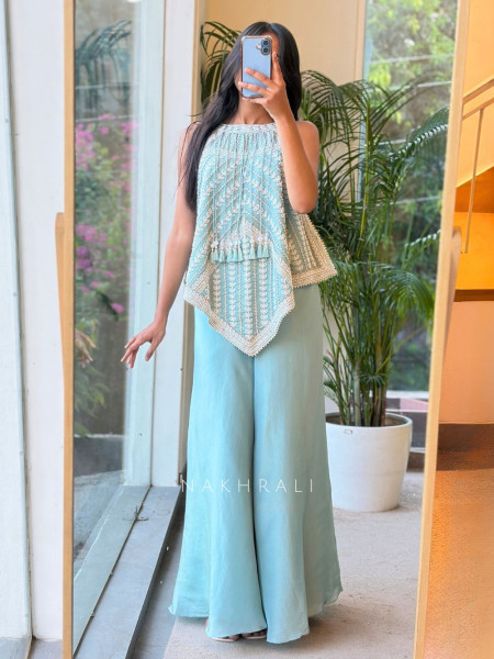 Citrine Firozi Indo Western Palazzo Set with Bead Work & Tassel Neck Detail