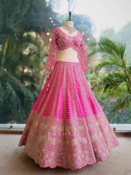 Ravya Pink Mirror and Beads Work Lehenga Set