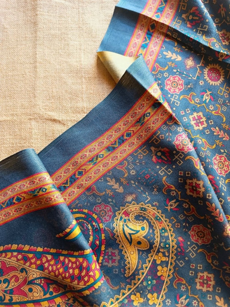 Heritage Blue Woolen Printed Dress Material