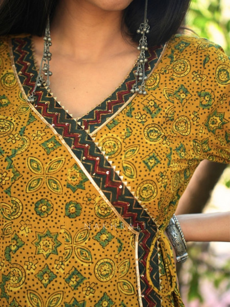 Umrao Mustard Angrakha Cotton Kurta Pant Set