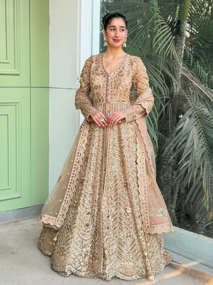 Image of Mocha Bloom Brown Achkan Pattern Lehenga with Zari Sequin Work