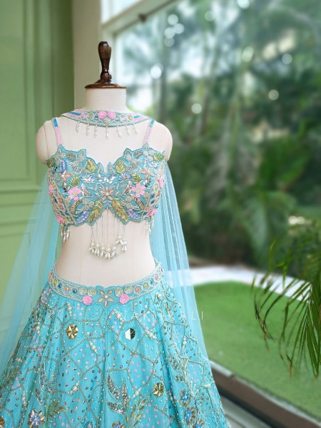 Ishvika Sky Blue Slub Silk & Tulle Carnival Lehenga Set