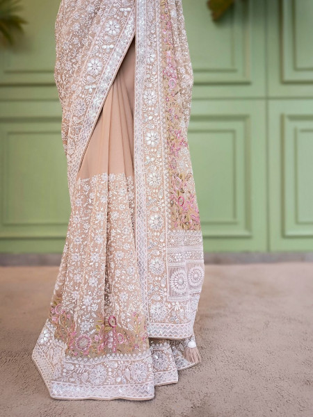 Ecru Grace Brown Embroidered Elegance Saree with Sequin Detailing