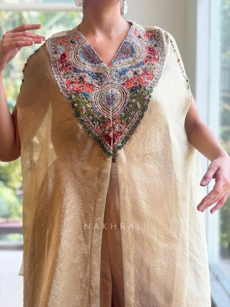 Ruhira Beige Kaftan Set with Multicolor Embroidered Yoke