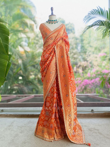Anant Bindu Orange Bandhani Print Saree with Sequin Border