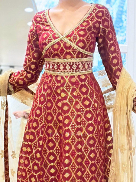 Ruhaniyat Flared Deep Red – Net Dupatta Anarkali Suit Set