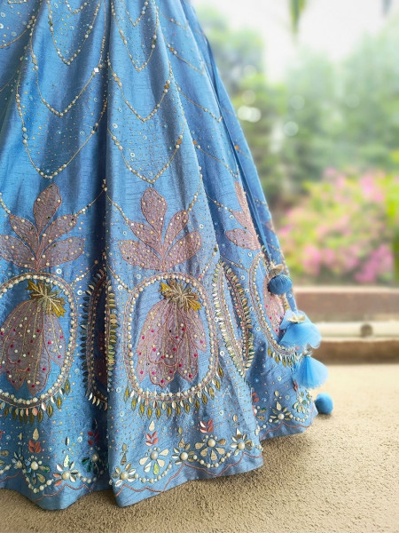 Aurora Bloom Blue Lehenga with Sequin, Mirror, Pearl and Cut Dana Work