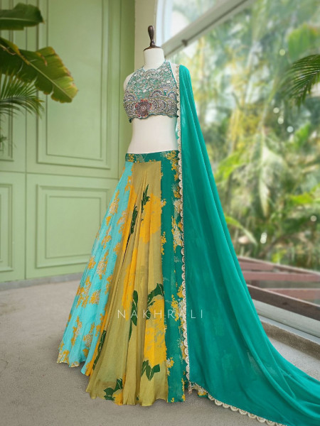 Harit Multicolour Indo Western Lehenga Set with Embroidered Blouse & Printed Skirt