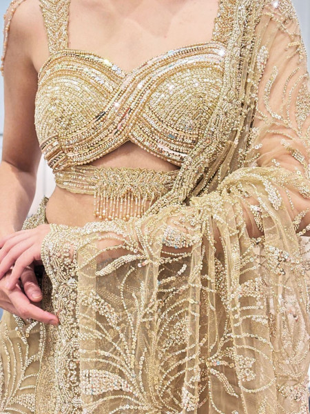 Radiant Charm Golden Net Saree with Sequin & Cut Dana Work