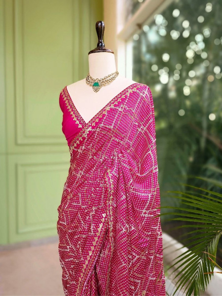 Aarvika Pink Bandhani Saree with Gota and Zari Border