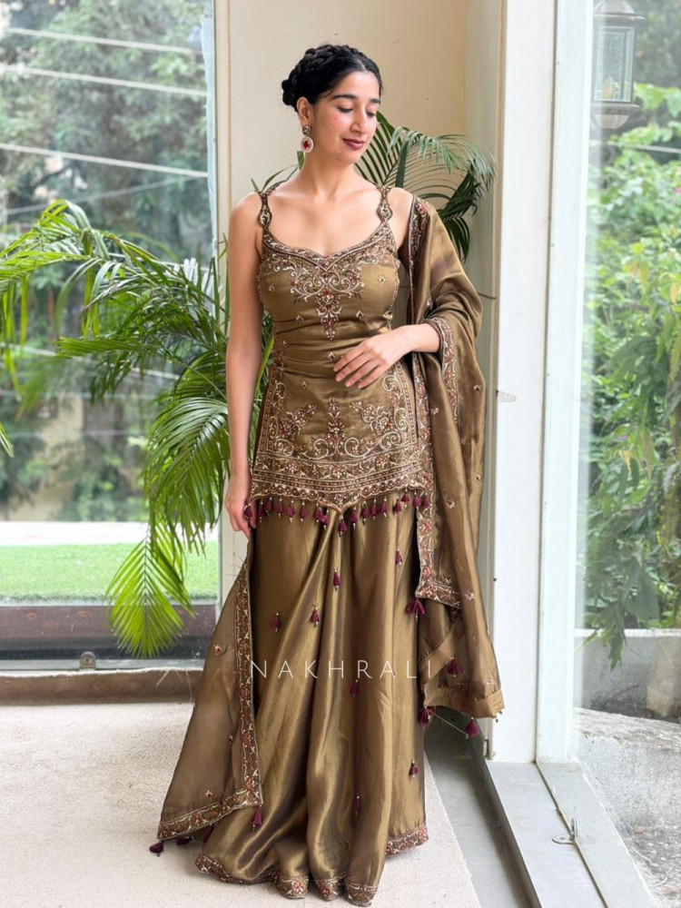 Image of Autumn Dusk Green Metallic Tissue Silk Kurti Palazzo Set