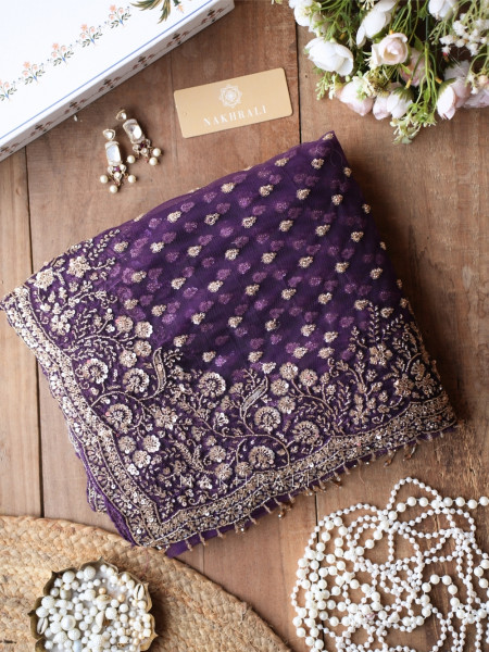Starlight Purple Net Saree with Cut Dana Bead and Sequin Work