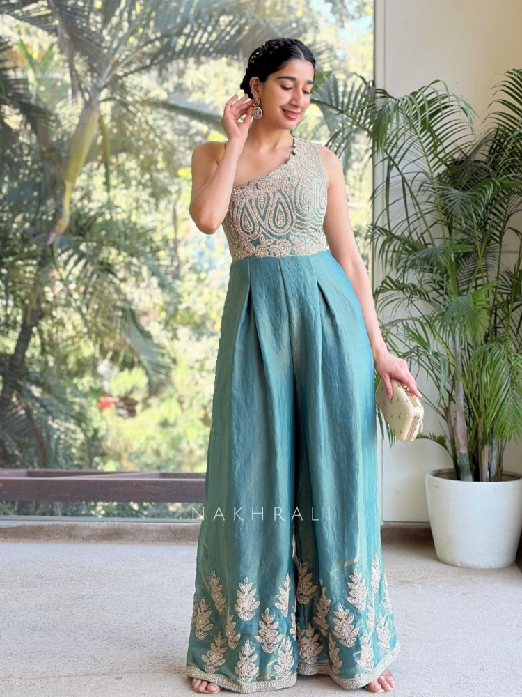 Image of Riyansh Green Embroidered Jumpsuit with Mirror and Stone Work