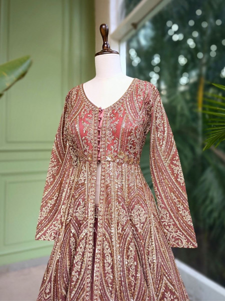 Blush Bloom Pink Achkan Pattern Lehenga with Zari Sequin Work
