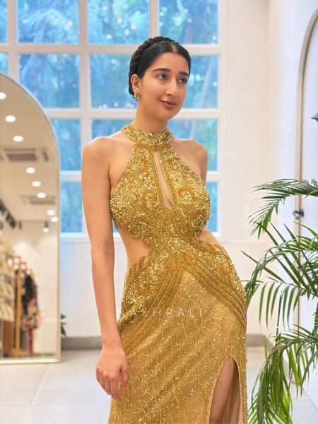 Golden Net Gown with Sequin and Cut Dana Work