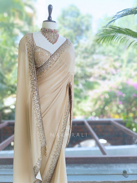 chandrika Golden Saree with Mirror Sequin and Cut Dana Border