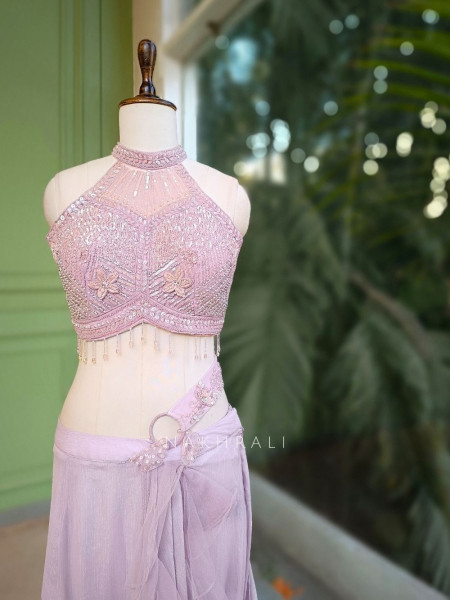 Elira Purple Drape Saree with Embellished Halter Blouse