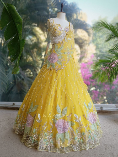 Floral Symphony Yellow Indo-Western Lehenga Set