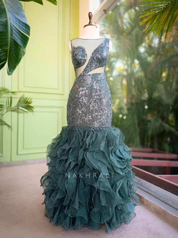 Image of Serenad Teal Green Mermaid Gown with Sequin Embroidery