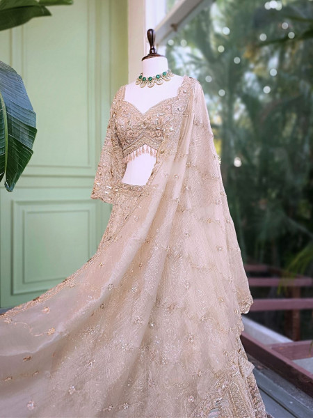 Kavros Beige Lehenga Set with Cut Dana & Sequin Work