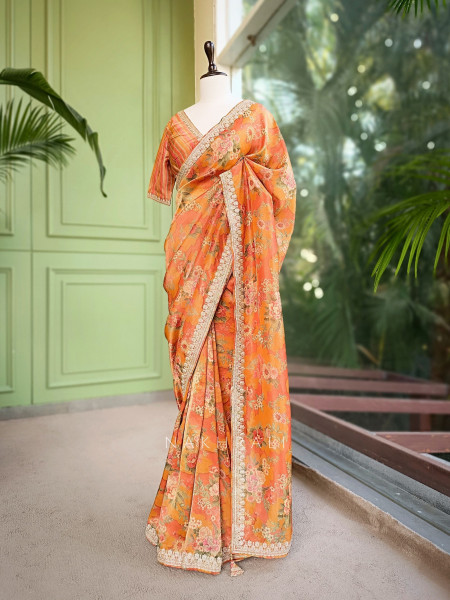 Ishaya Orange Floral Saree with Embellished Border
