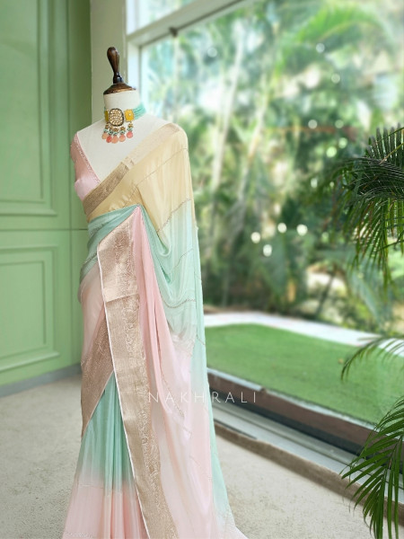Mridurekha Pastel Pink Chinnon Saree with Running Blouse