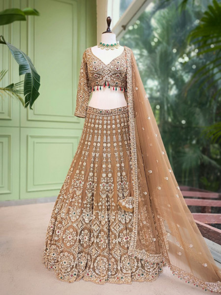 Rajvan Brown Net Lehenga Set with Cut Dana Sequin Work