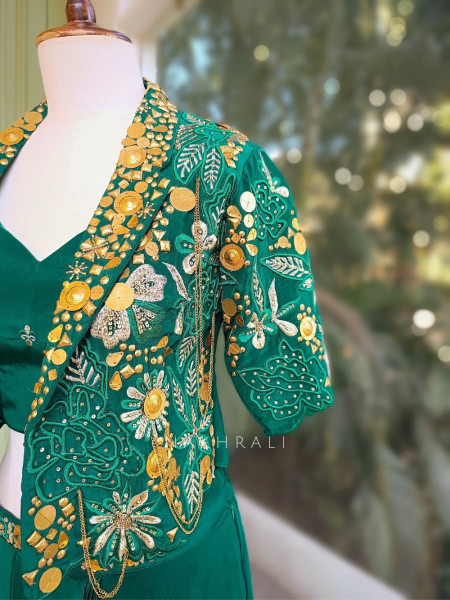 Elysia Green Sequin & Mirror Work Indo-Western Set with Embellished Jacket