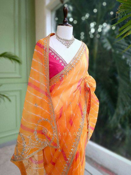 Noor Mustard Leheriya Saree with Gota Patti Work