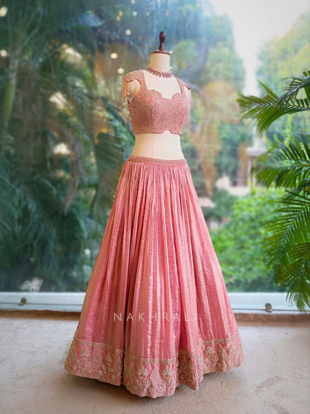 Elysia Peach Tissue Silk Lehenga Set with Embroidered Detailing