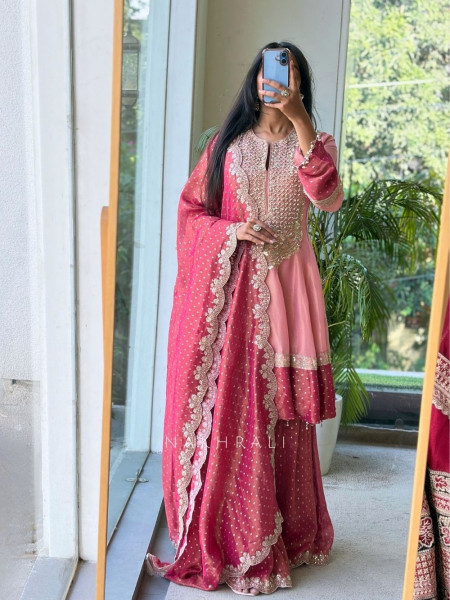 Gulbadan Gota Pink Anarkali Plazo Suit Set