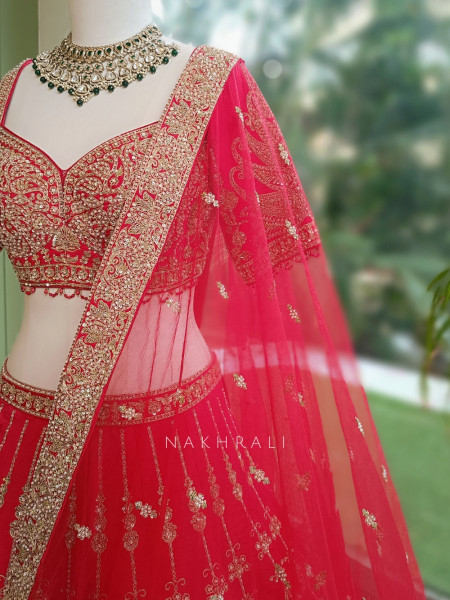 Anvesha Red Bridal Lehenga with Sequin & Zari Detailing