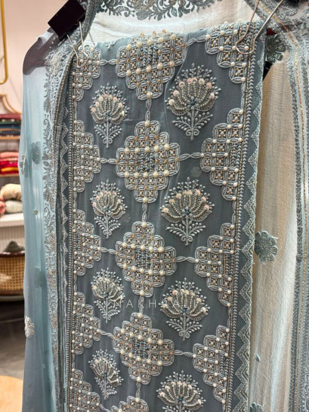 Avarna Blue Pearl Beads Embroidered Dress Material
