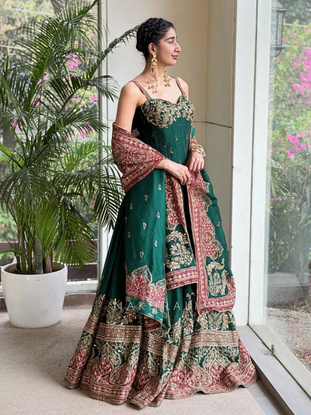 Nirel Green Corset Lehenga with Embroidery and Sequin Work