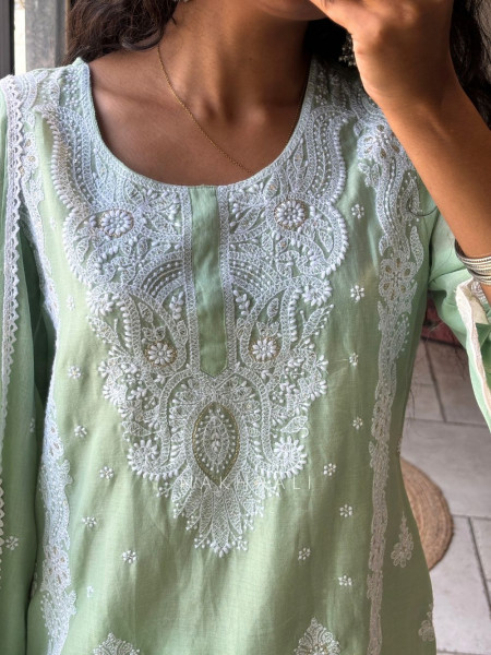 Meher Light Green Cotton Blend Chikankari Kurta Set with Lace Detail