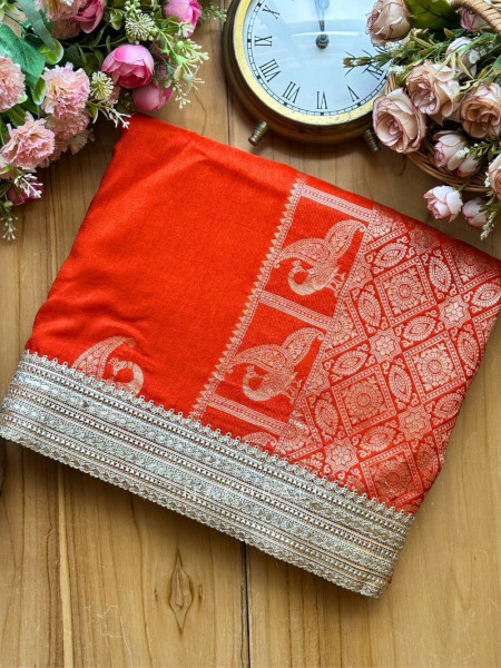 Tavira brick Saree with Broad Border and Unstitched Blouse Piece