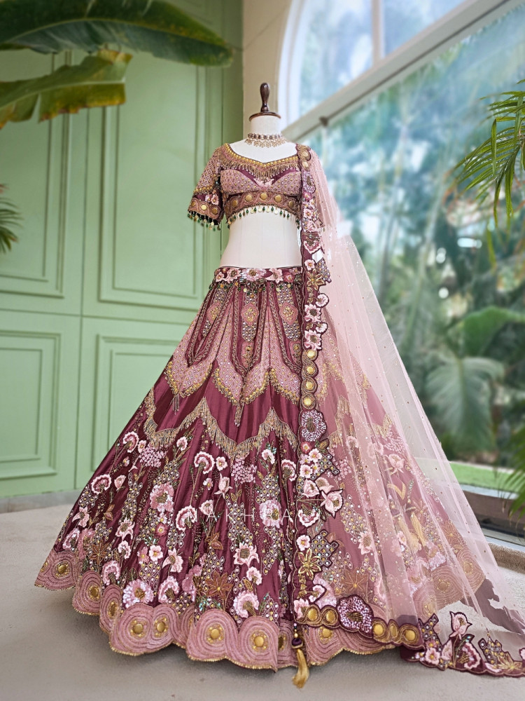 Image of Mihrab Bloom Maroon Raw Silk, Satin-Silk &amp; Tulle Net Lehenga
