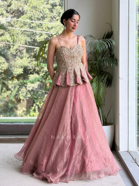 Bespoke Bloom Onion Pink Crushed Shimmer Tissue Fusion Lehenga