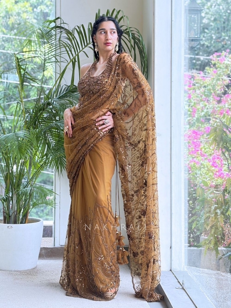 Image of Amber Gleam Net Drape Saree with Sequin and Cut Dana Work