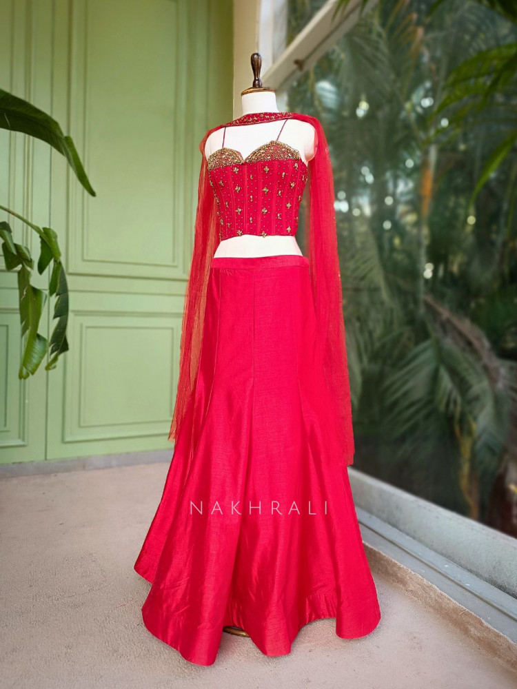 Image of Solace Red Indo-Western Lehenga Set