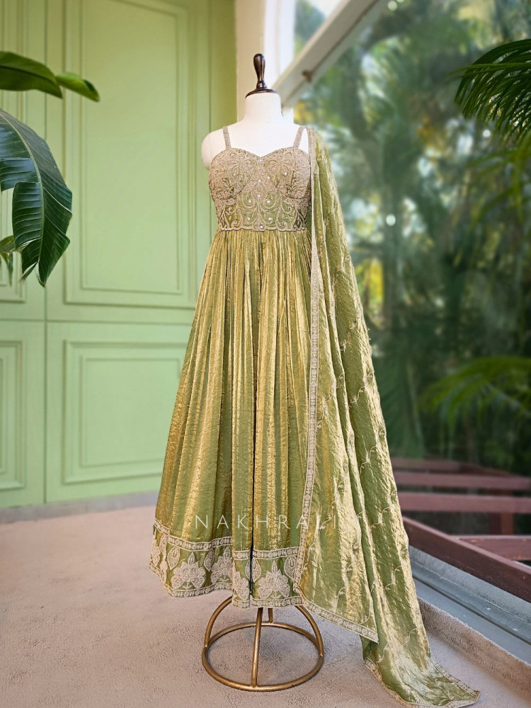 Image of Kashika Green Anarkali Dress with Embroidered Corset Bodice